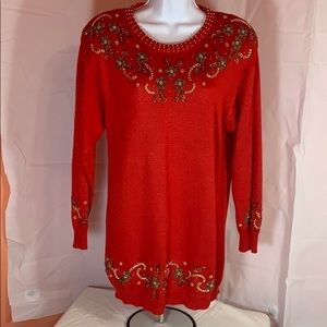 VINTAGE 80’s Red Floral Beaded Sweater Long Fit